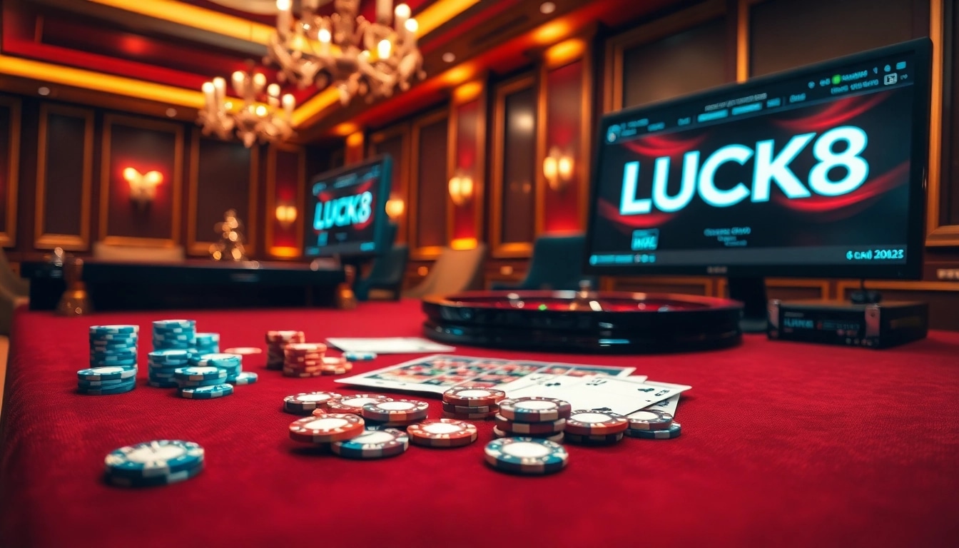 Trải nghiệm sự thú vị tại https://luck8.net với cảnh casino sang trọng gồm chip cược và bộ bài.