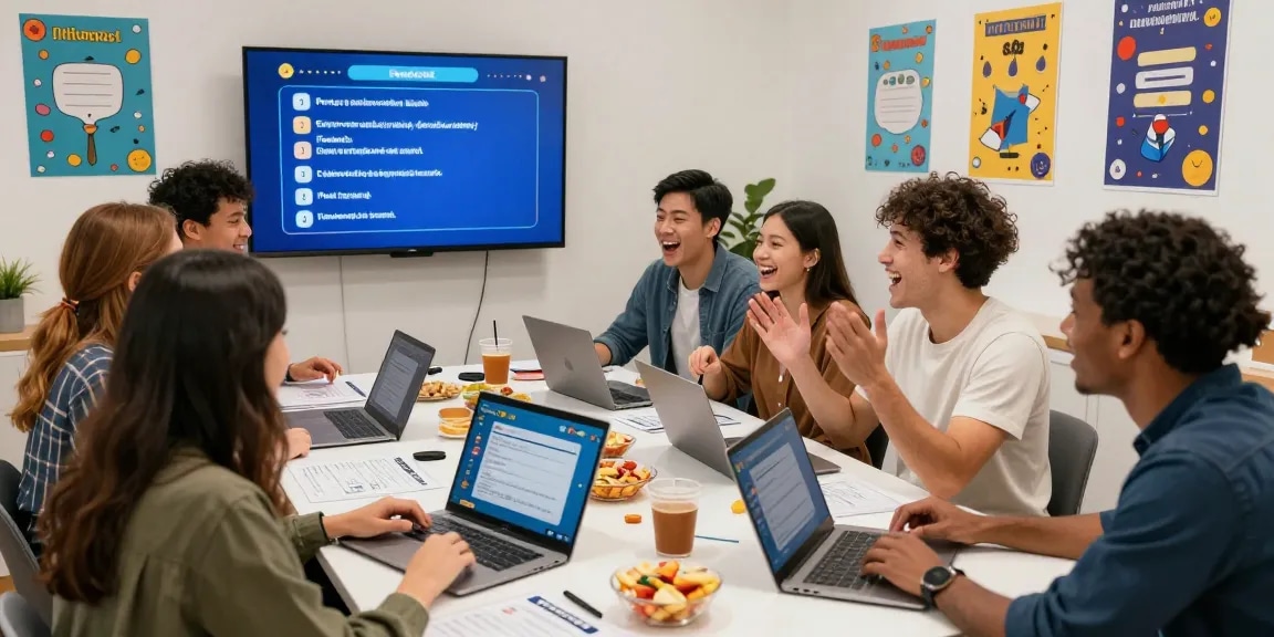 Quiz Allgemeinwissen: Gruppe von Freunden beim interaktiven Quiz mit digitalen Bildschirmen und Punkten in einer geselligen Atmosphäre.