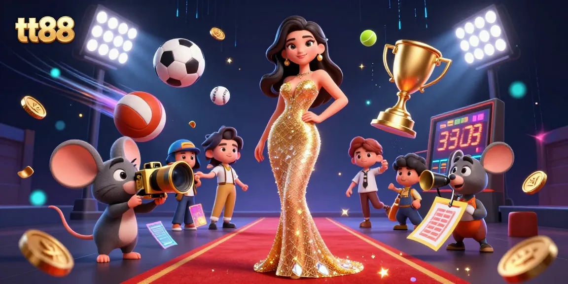 Experience the thrill of tt88 gaming with dynamic scenes featuring sports elements and glamorous characters.