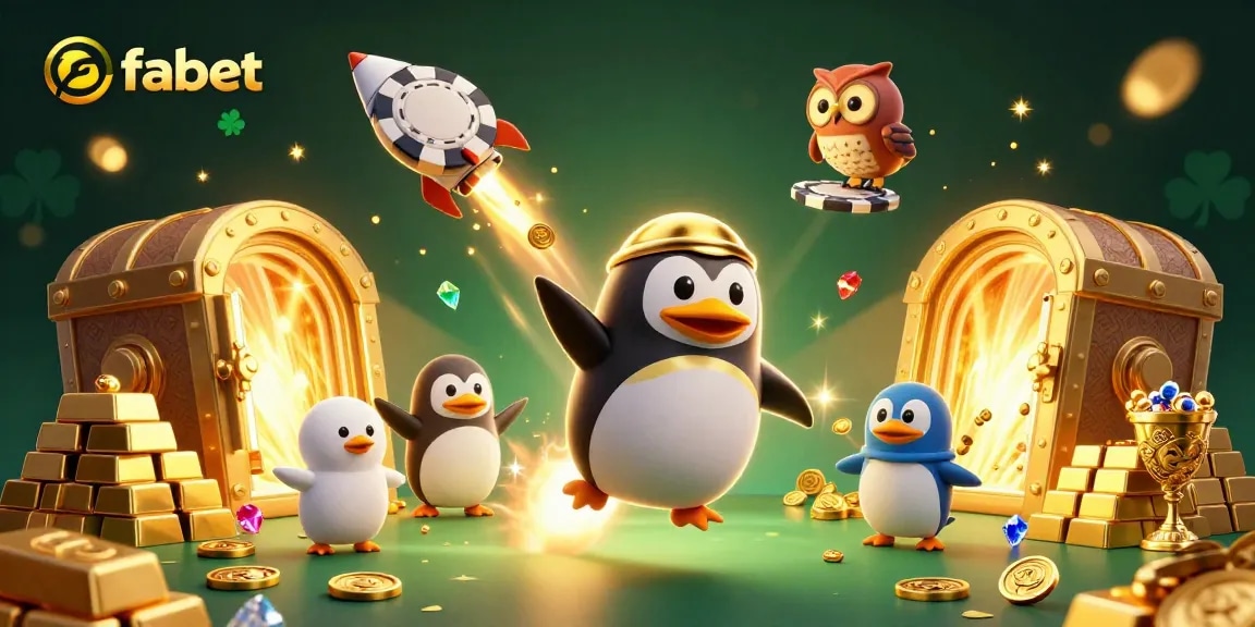 Experience the thrill of fabet with a golden penguin racing to a casino station amidst treasures.