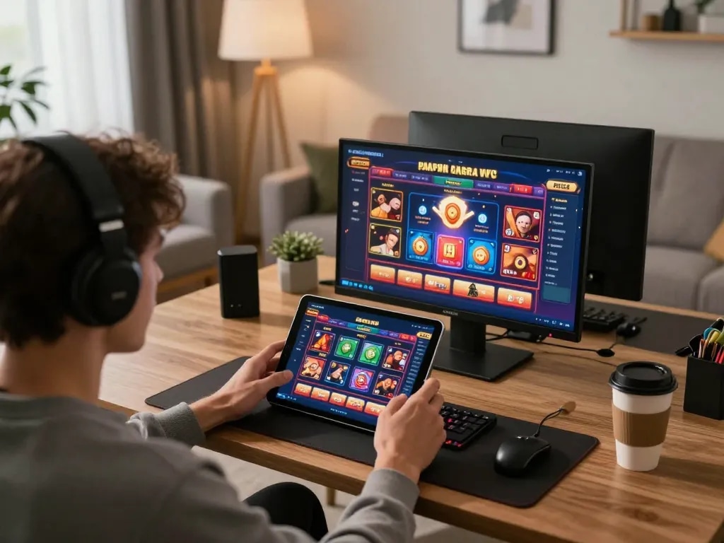 Players enjoying immersive PH22 online casino gaming on tablet in a cozy living room atmosphere