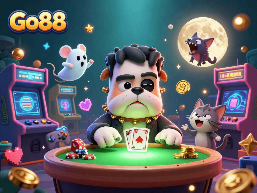 Engage with Go88's thrilling gaming atmosphere featuring a lively 3D cartoon character scene.