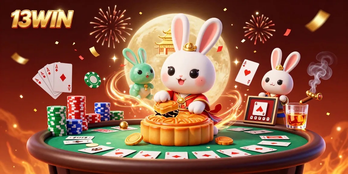 Join the adventure at 13WIN with festive poker chips and moon rabbits in this vibrant casino scene.