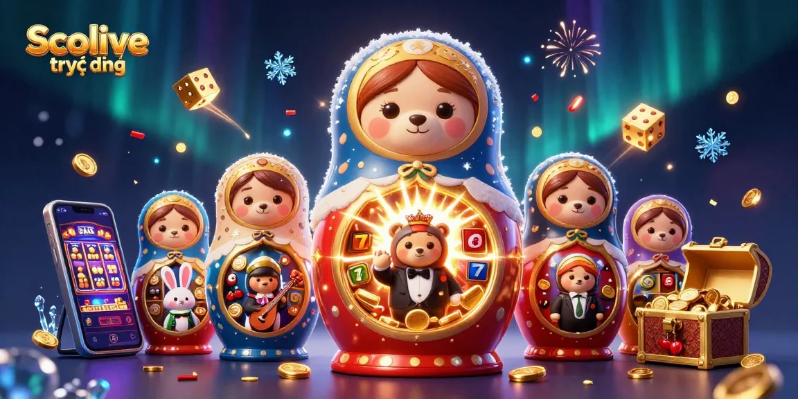 Socolive trực tiếp showcases a vibrant 3D casino scene with a Matryoshka bear and dynamic gaming elements.