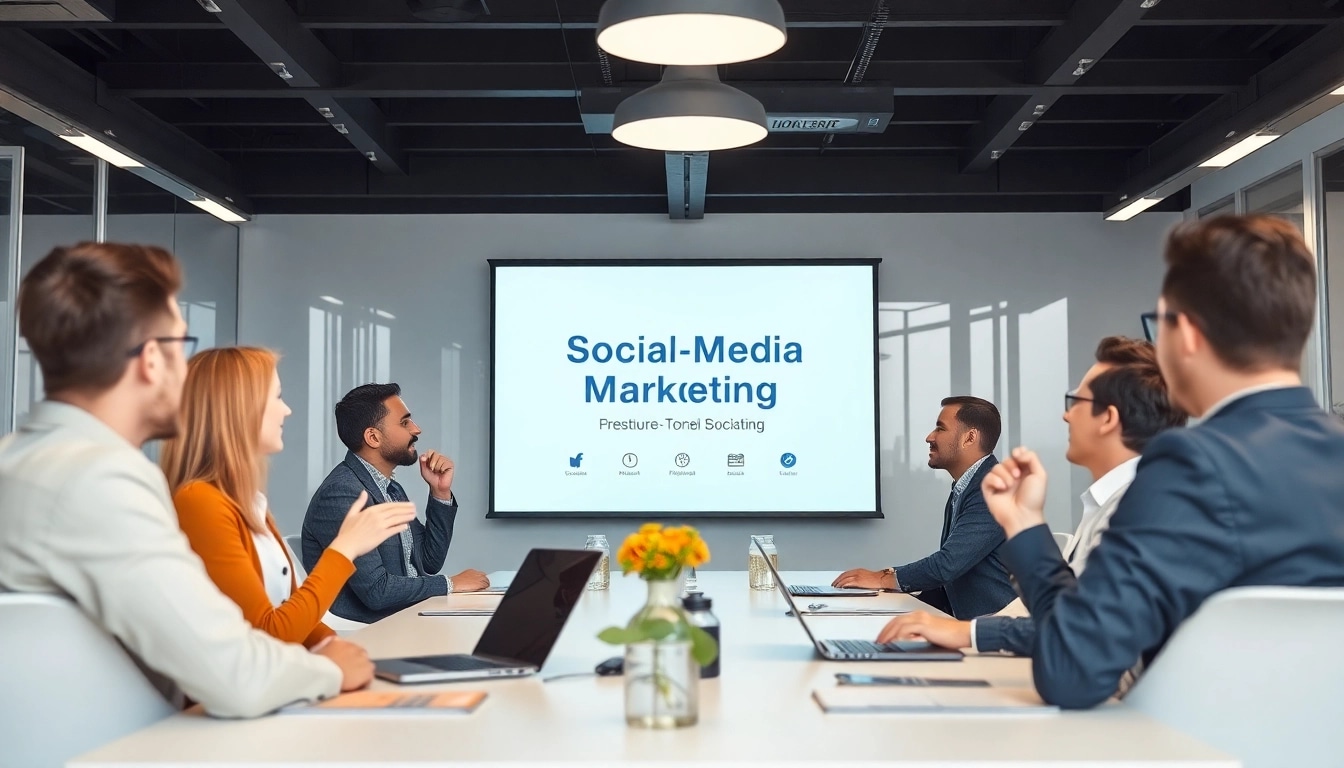 Visualisierung der Social-Media-Marketingstrategie in einem Teammeeting, das innovative Ansätze fördert.