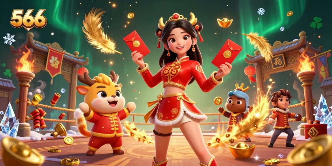 Experience vibrant casino excitement with 566's festive character holding gold ingots and envelopes.