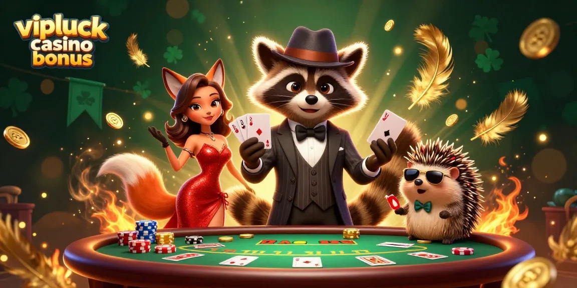 Der vipluck casino bonus: Waschbär mit Royal Flush am Pokertisch, umgeben von funkelnden Goldmünzen.