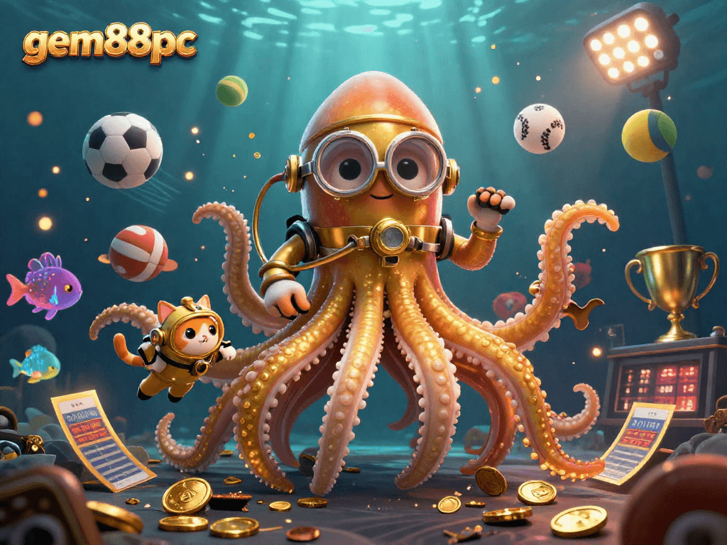 Engage in thrilling gameplay at gem88pc with bioluminescent sea creatures and a kraken amidst sports elements.