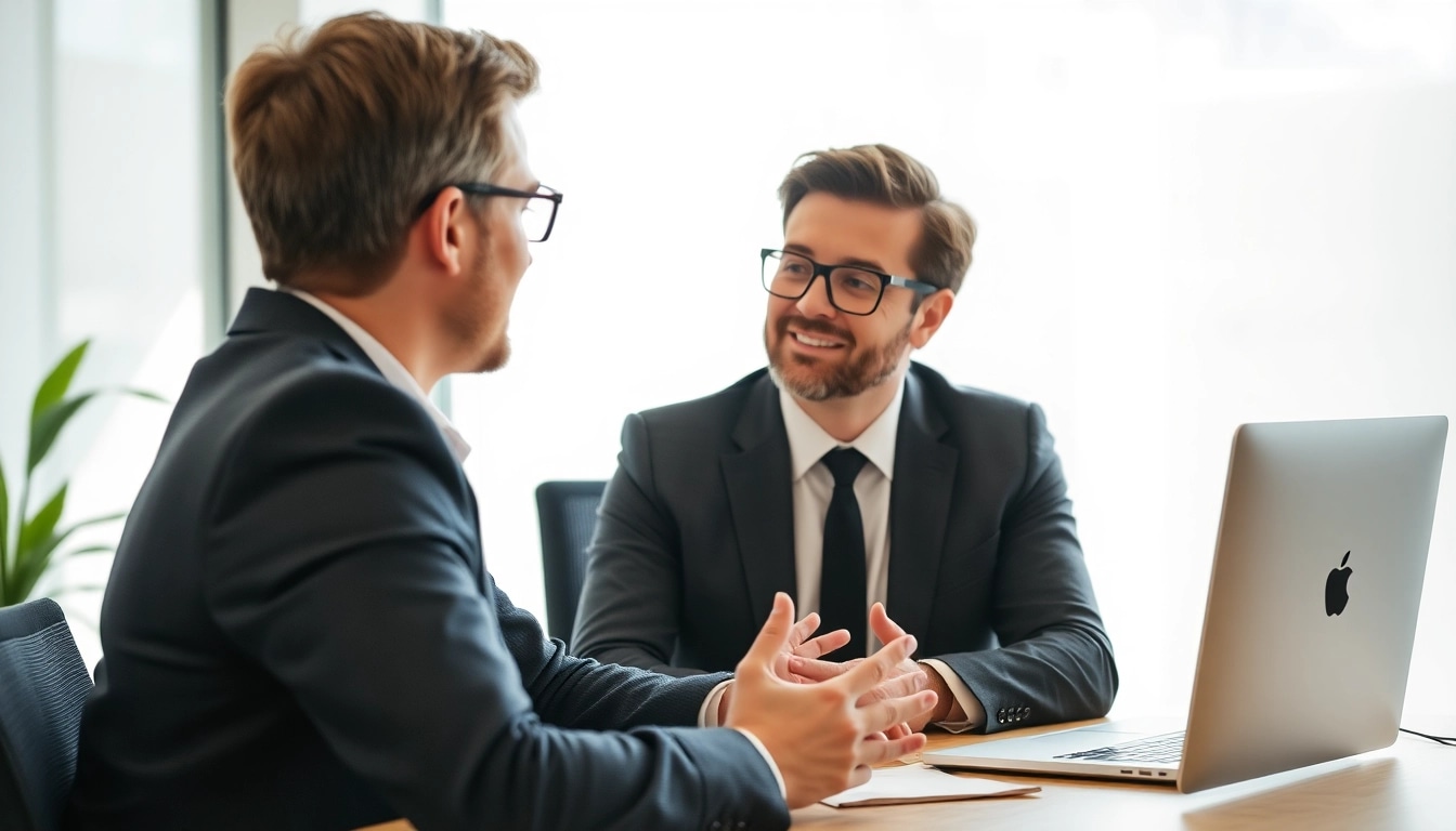 Headhunter führt ein Bewerbungsgespräch mit einem Kandidaten in einem modernen Büro.