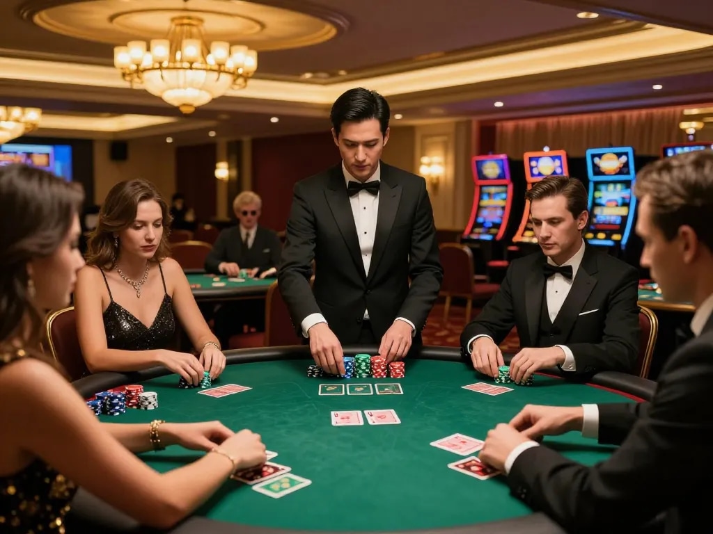 79king players strategizing at a high-stakes poker table in an elegant casino setting.