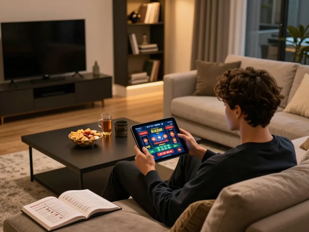Player exploring the Hit club online casino interface on a cozy sofa, showcasing responsible gaming