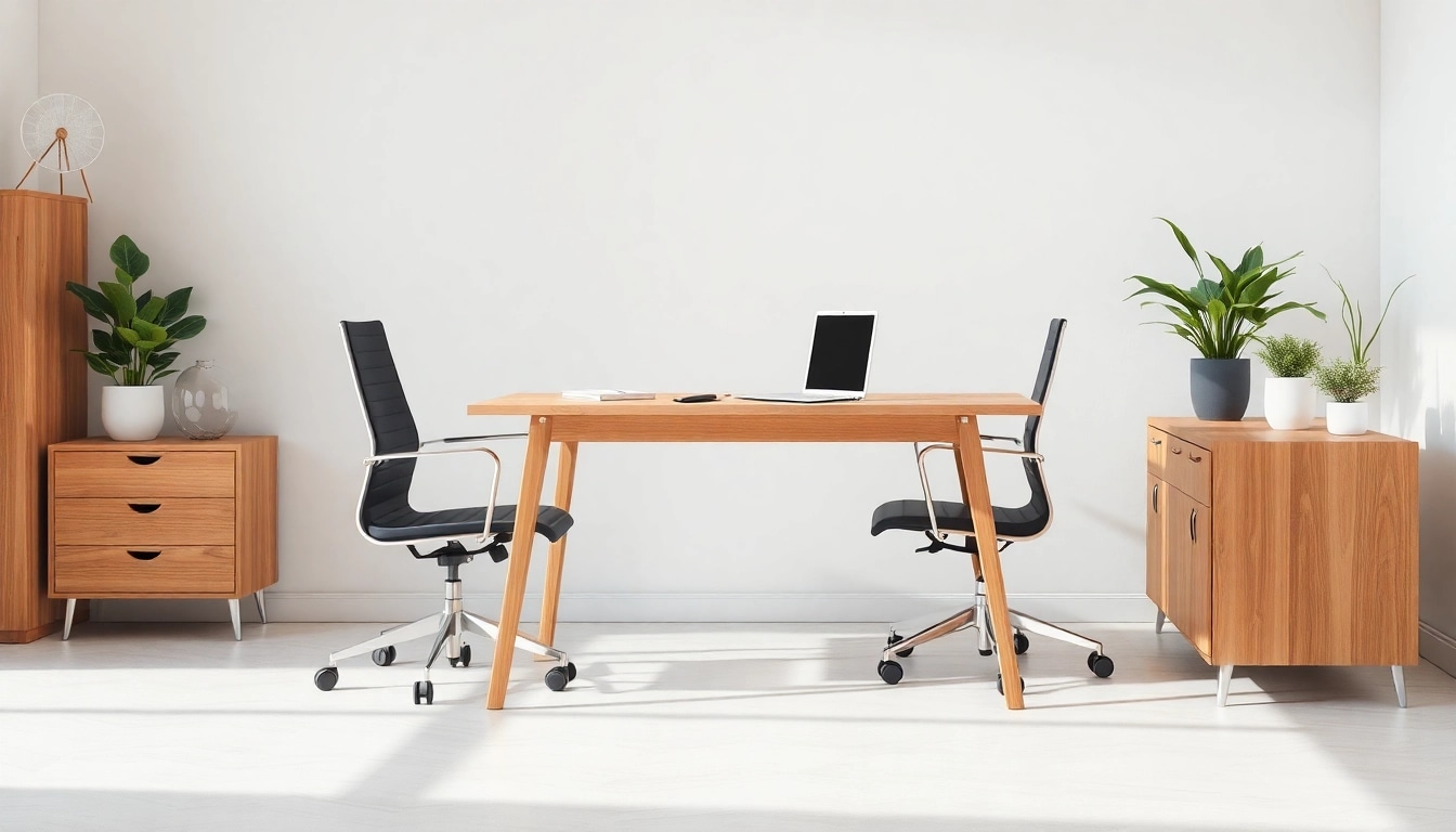 Elegantes Büromöbel-Set mit ergonomischem Schreibtisch und Stuhl für modernes Arbeiten.