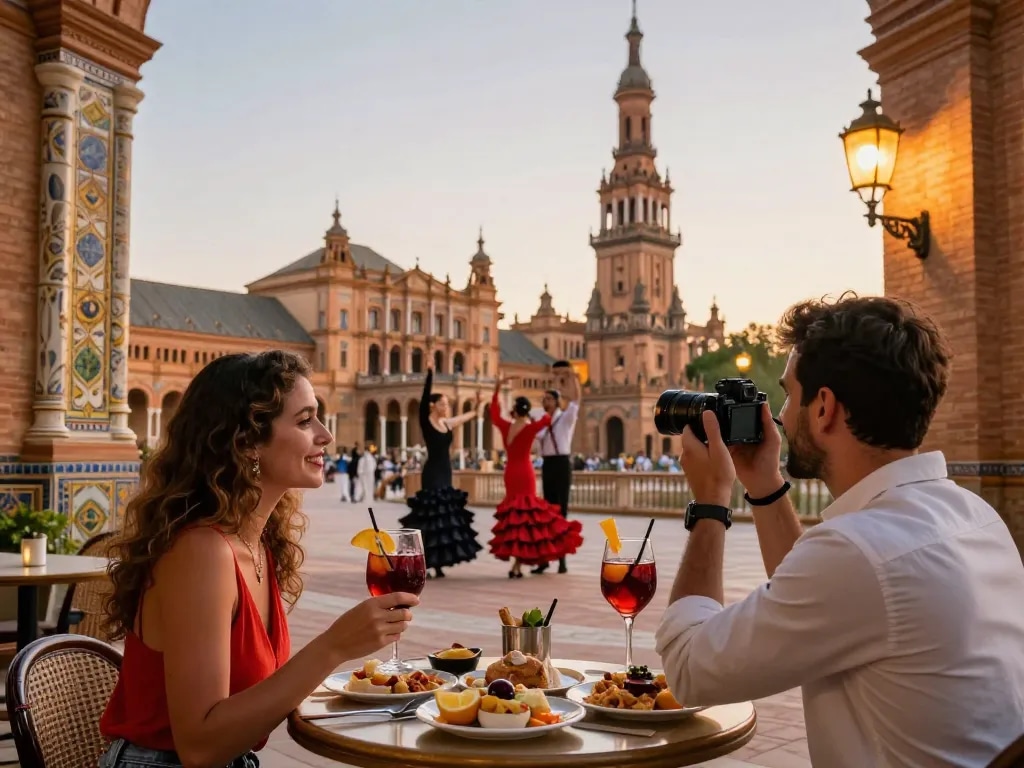 Reisetipps Sevilla: Paar genießt Tapas und Flamenco in den lebhaften Straßen Sevillas bei Sonnenuntergang.