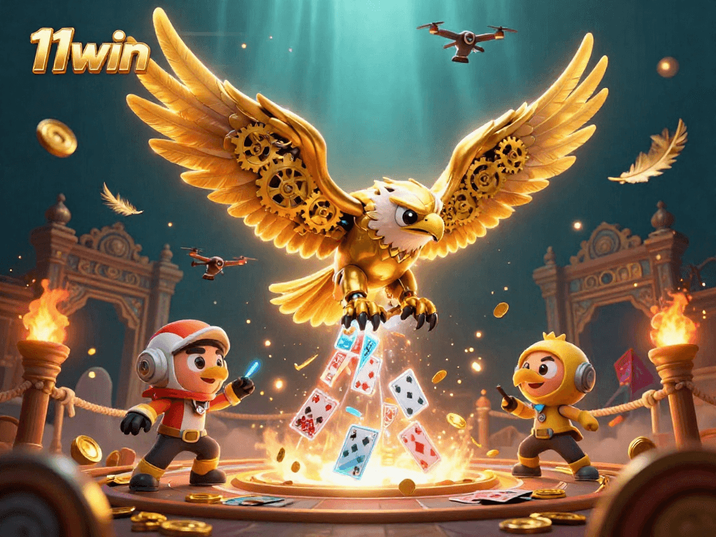 Experience thrilling gameplay at 11win with a vibrant 3D illustration of gambling excitement.