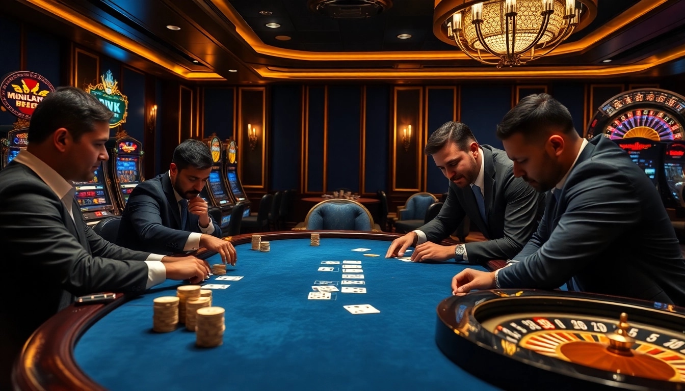 Players enjoy high-stakes poker in the luxurious OK VIP gambling lounge filled with excitement.