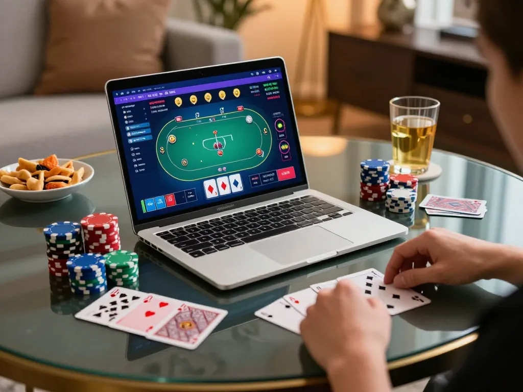 Player strategies at fabet online poker game, showcasing vibrant action with cards and chips
