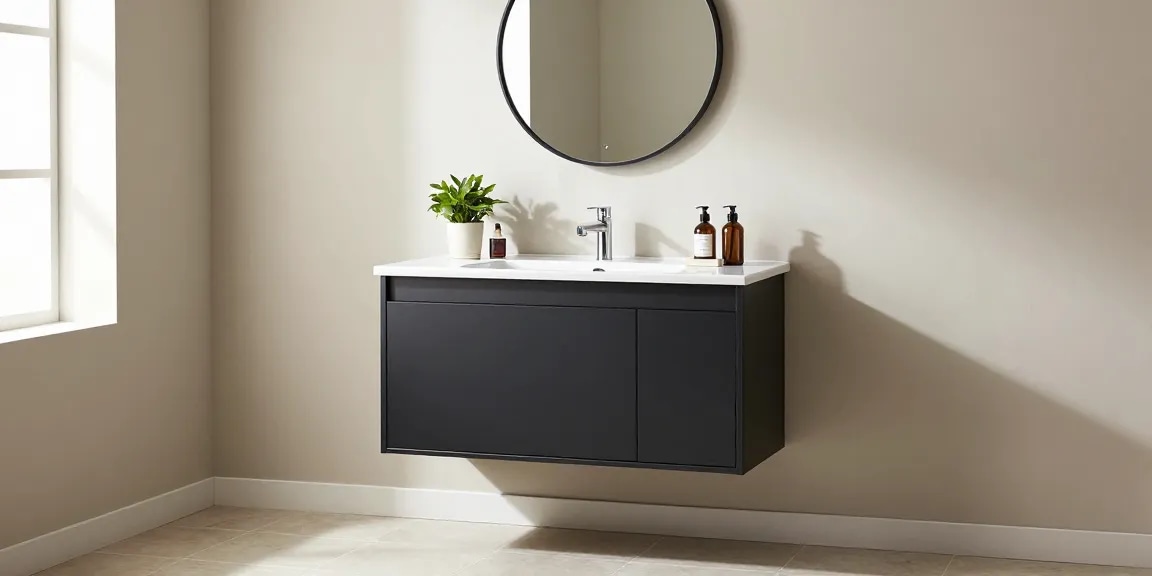 Stijlvol zwart badkamer kastje met moderne wastafel en accessoires in een elegante badkameromgeving