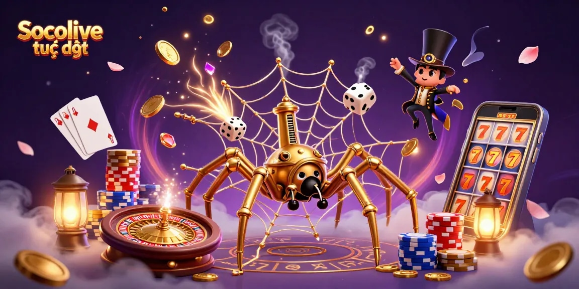 Experience Socolive trực tiếp with engaging 3D gambling-themed illustration featuring dynamic scenes of winning action.