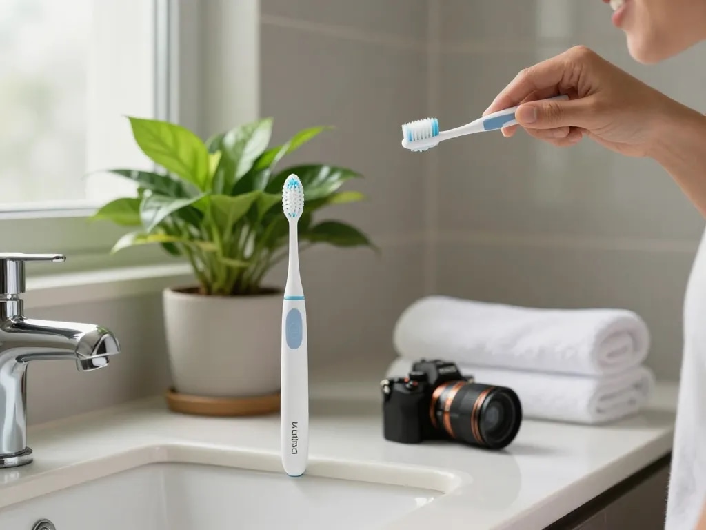 Helle Badezimmer Szene mit der Laifen Zahnbürste während der Morgenroutine, die modernes Design und frische Hygiene betont.
