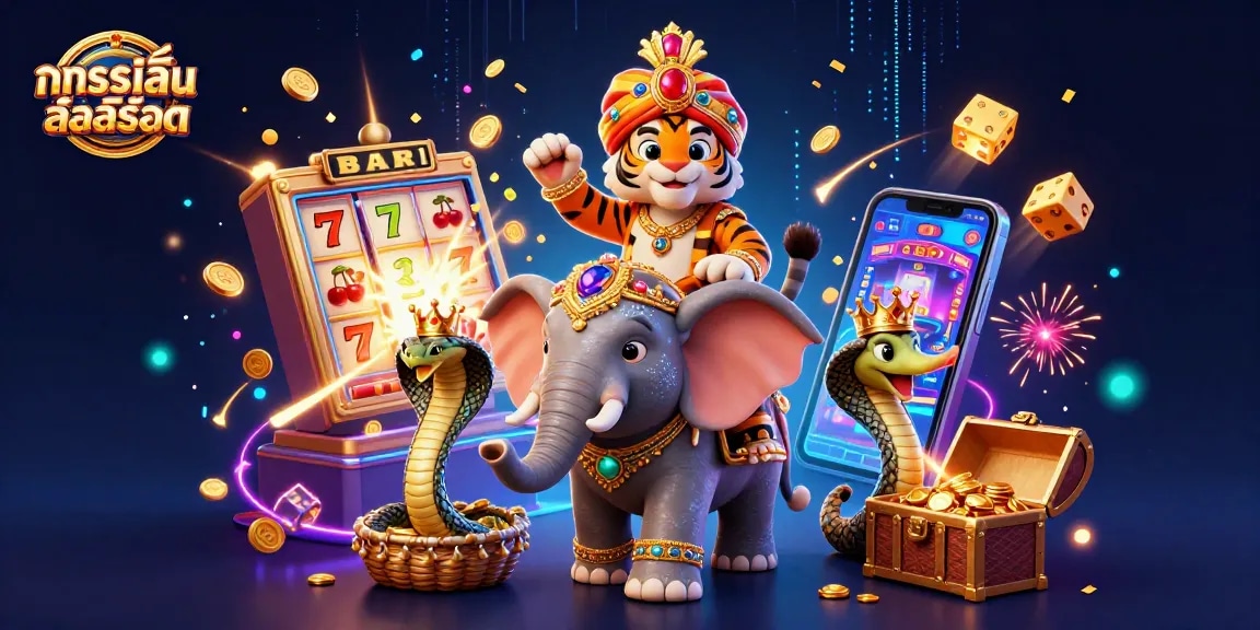 Experience ทดลองเล่นสล็อต with a colorful 3D casino scene featuring a lucky maharaja tiger, jackpot effects, and vibrant gaming elements.