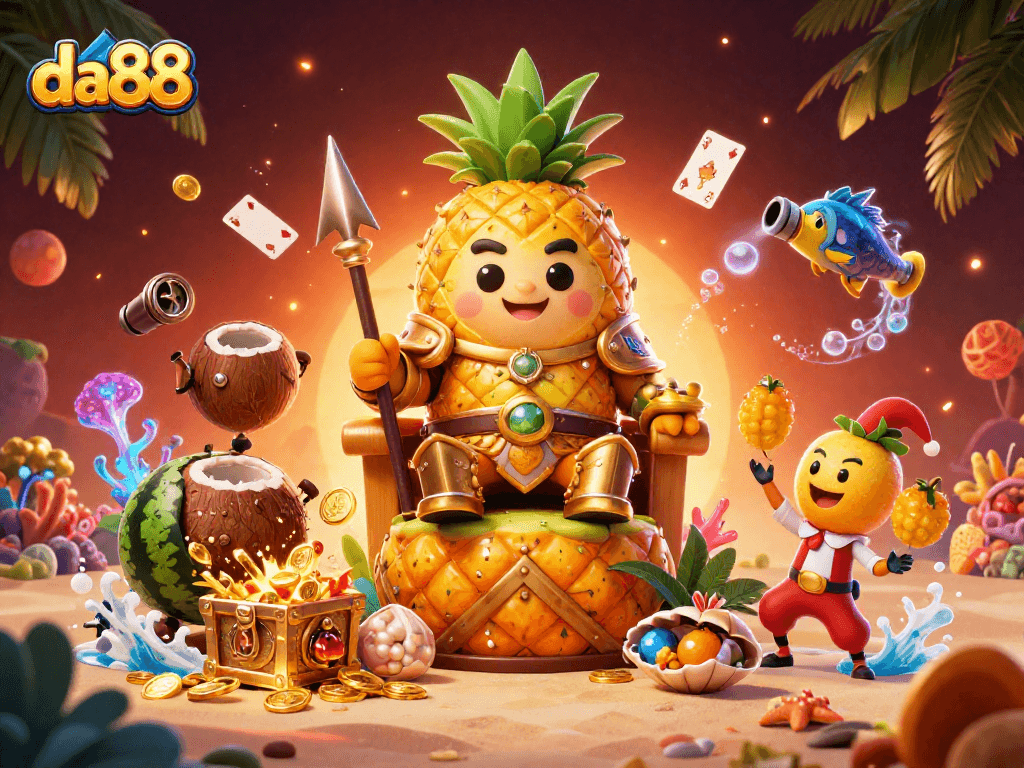 Experience the thrill of da88, where a golden pineapple king reigns over a vibrant casino world.