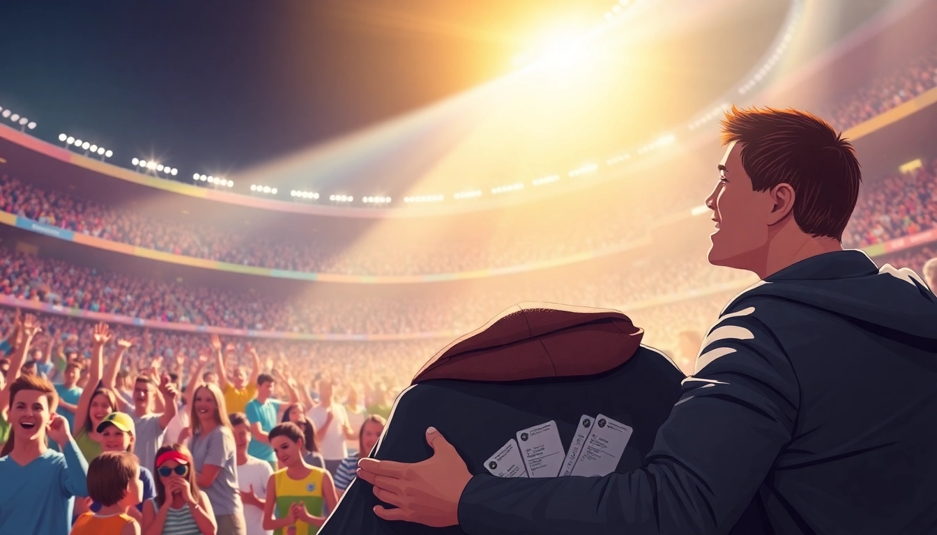 Sportwetten ohne Limit: Ein leidenschaftlicher Wettspieler im Stadion, umgeben von Wettkarten und Trophäen.