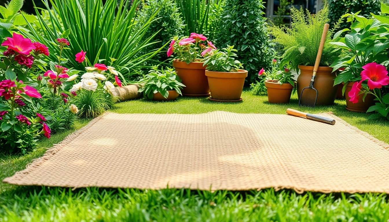 Hanfmatte als dekorativer Bestandteil in einem blühenden Garten präsentieren.