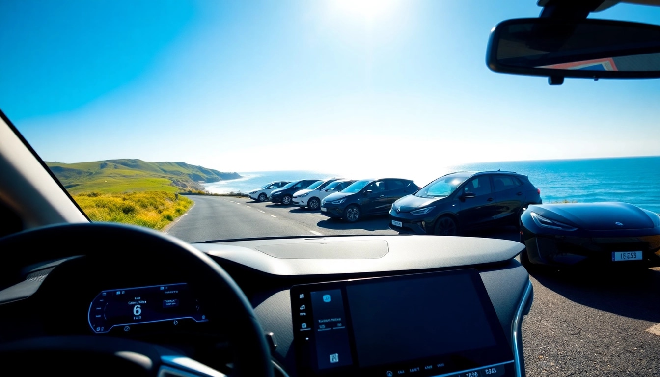 Elektroautos in einer Reihe an einer Küstenstraße präsentieren moderne Designs und Technologie.
