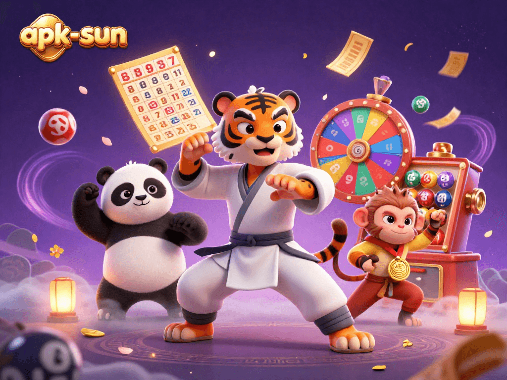 Engage with apk-sun where a kung fu tiger and panda disciple demonstrate their winning lottery strategies.