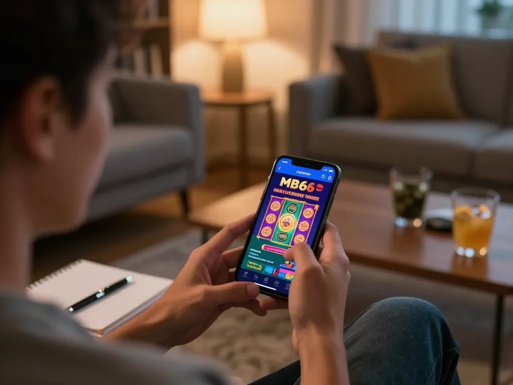 Engaging moment of a player using MB66 app on smartphone during an evening gaming session at home