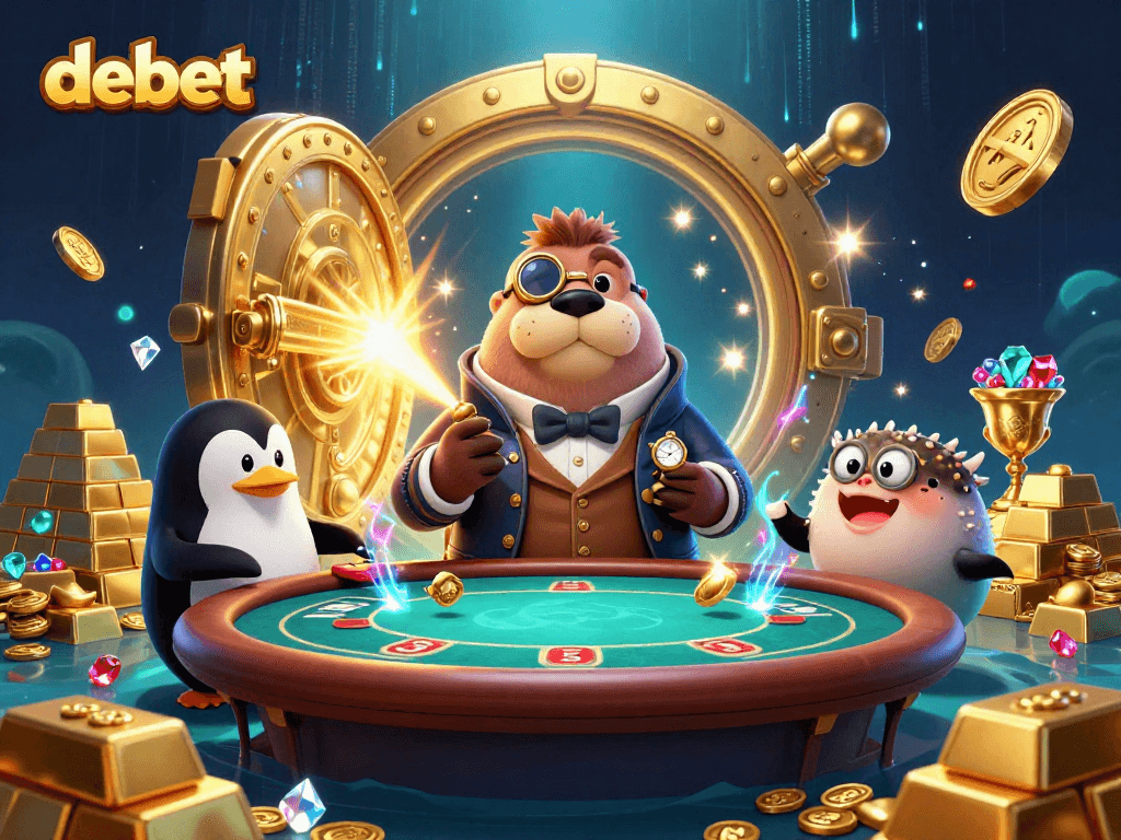Join the excitement at DEBET with a jolly walrus playing poker, surrounded by gold and gems.