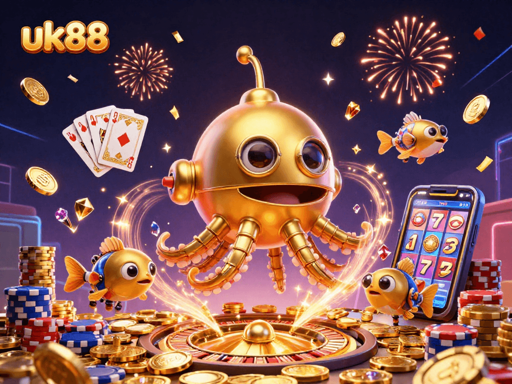 Engage with the exhilarating experience of uk88's golden kraken submarine amidst a treasure of casino riches.