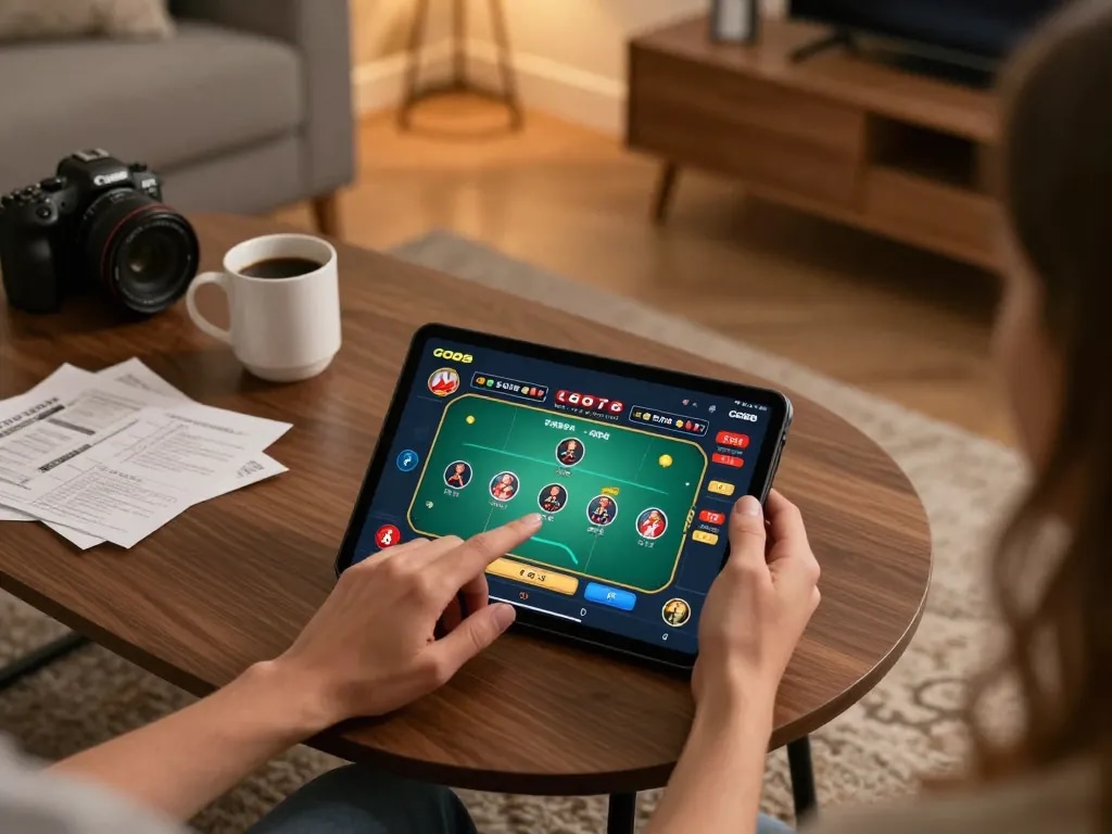 Player engaging with the GO88 app for an exciting online poker experience in a cozy home setting