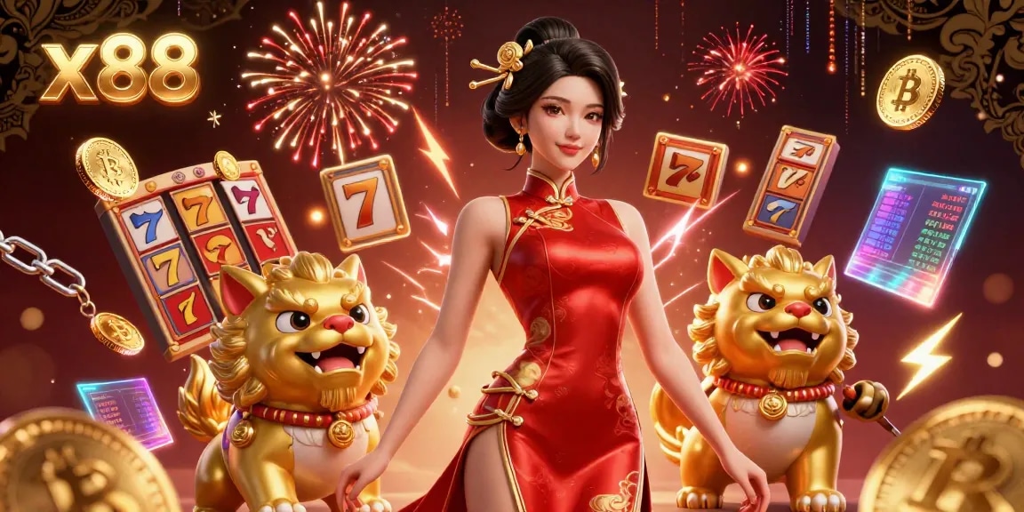x88 casino scene featuring a glamorous Asian woman, golden foo dogs, and vibrant slot reels.