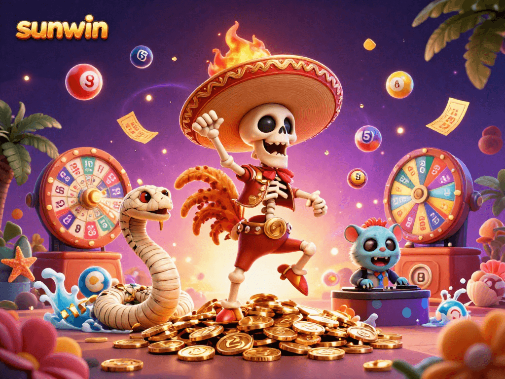 Celebrate wins with sunwin, featuring a vibrant 3D casino scene filled with dynamic game elements and festive characters.