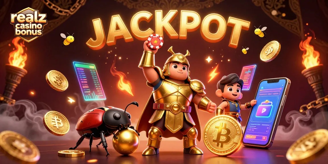 Erlebe den realz casino bonus mit einem 3D-Herculeskäfer in goldener Rüstung, der einen Pokerchip triumphierend hochhält.