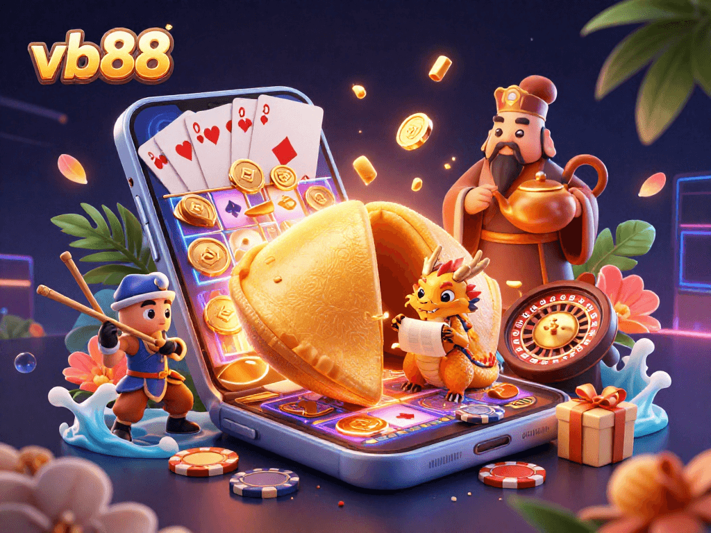 vb88 slots action scene with golden fortune cookie, dragon, and gaming elements.
