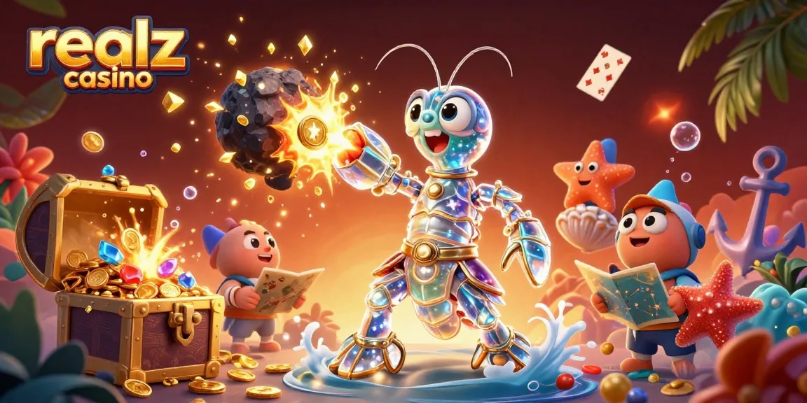 Experience thrilling wins at realz casino with vibrant casino-themed 3D illustration featuring samurai shrimp.