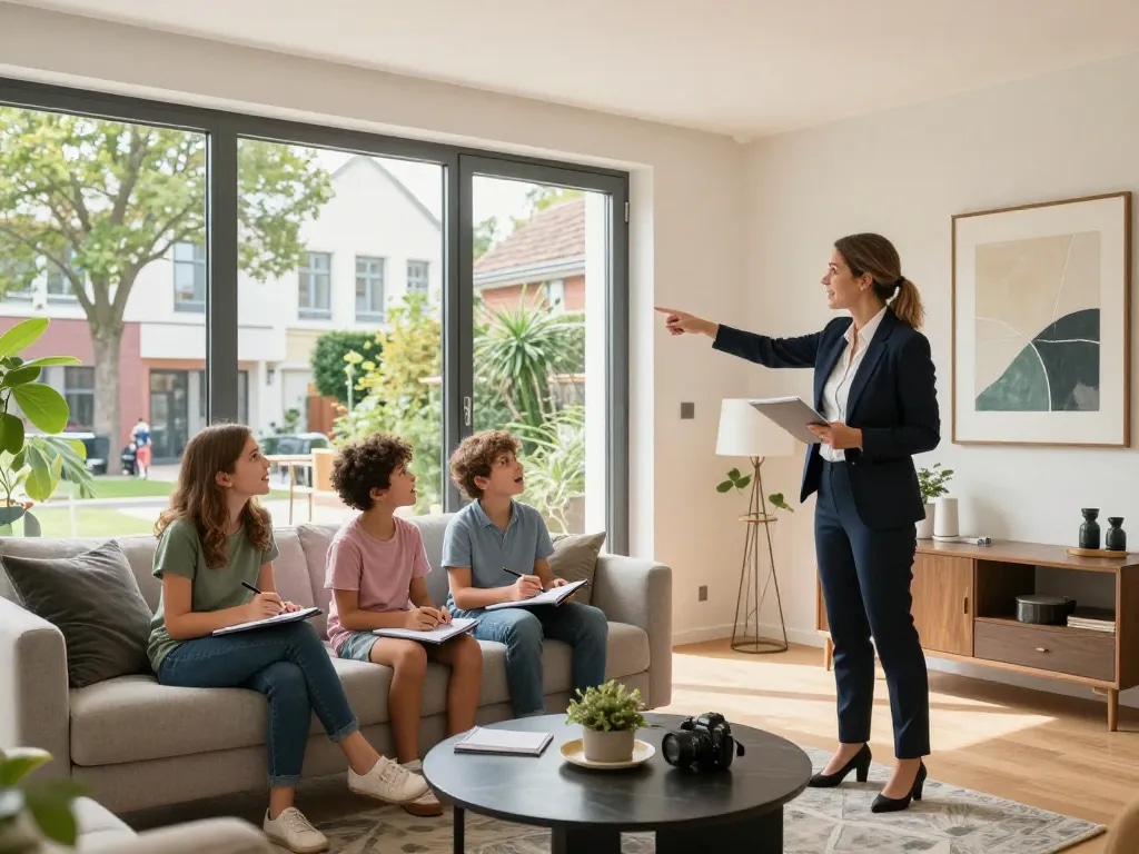 Engagierter Immobilienmakler zeigt eine moderne Wohnung in Frankfurt Riedberg und hebt die Dienstleistungen des Immobilienmakler Frankfurt Riedberg hervor.