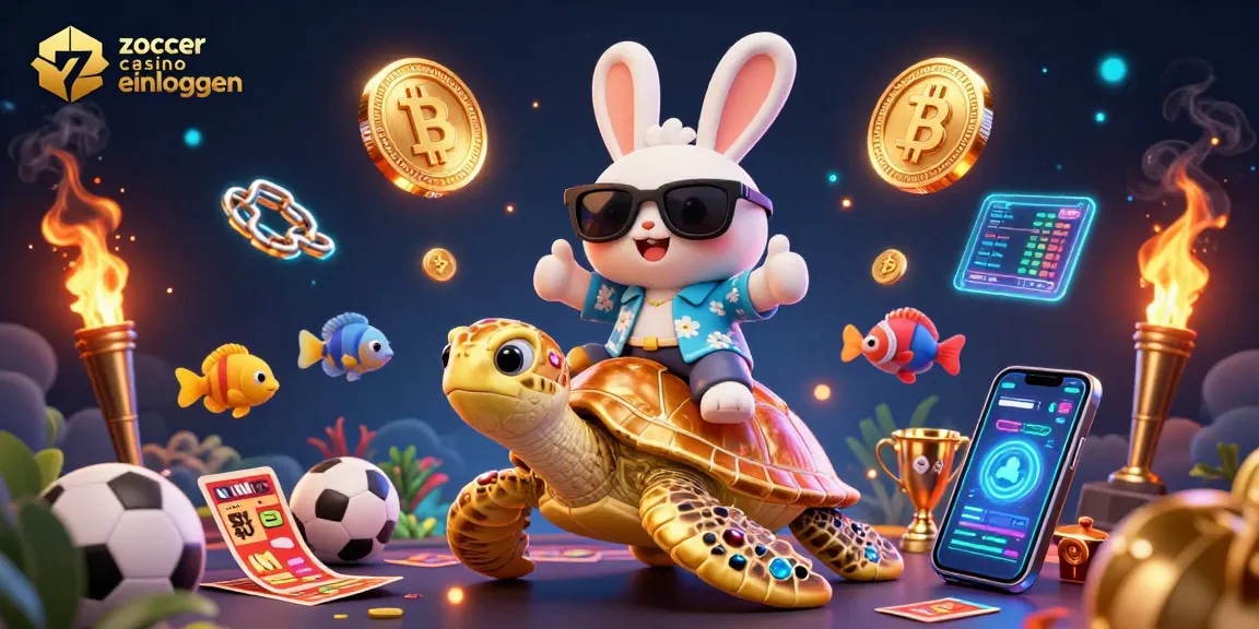 Erlebe die Spannung beim Zoccer Casino einloggen mit einem glücklichen Hasen auf einer goldenen Schildkröte in einer dynamischen 3D-Illustration.