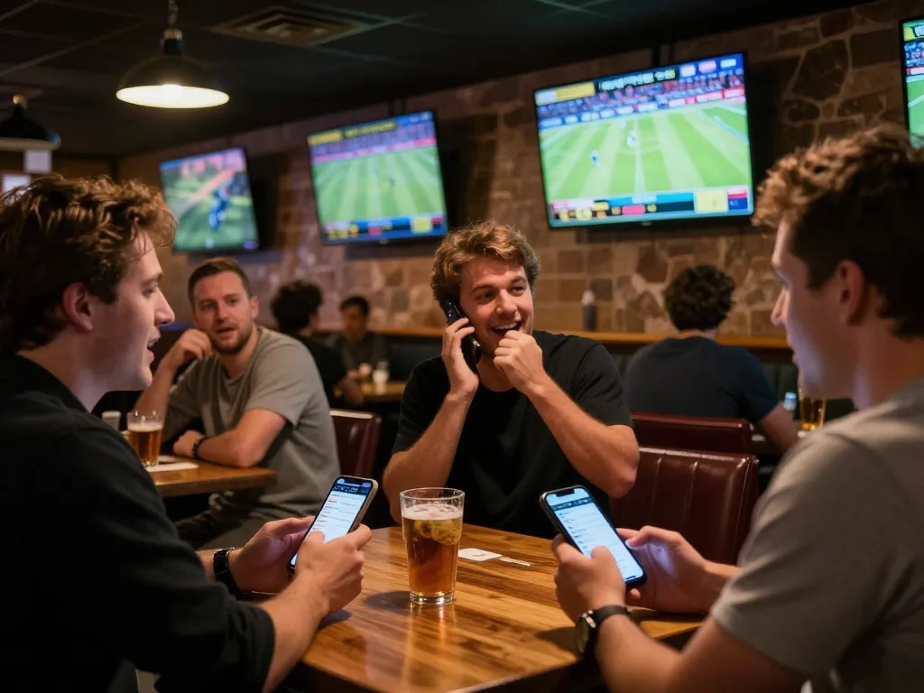 Sports enthusiasts place their bets while checking soi kèo nhà cái on mobile apps in a bustling sports bar