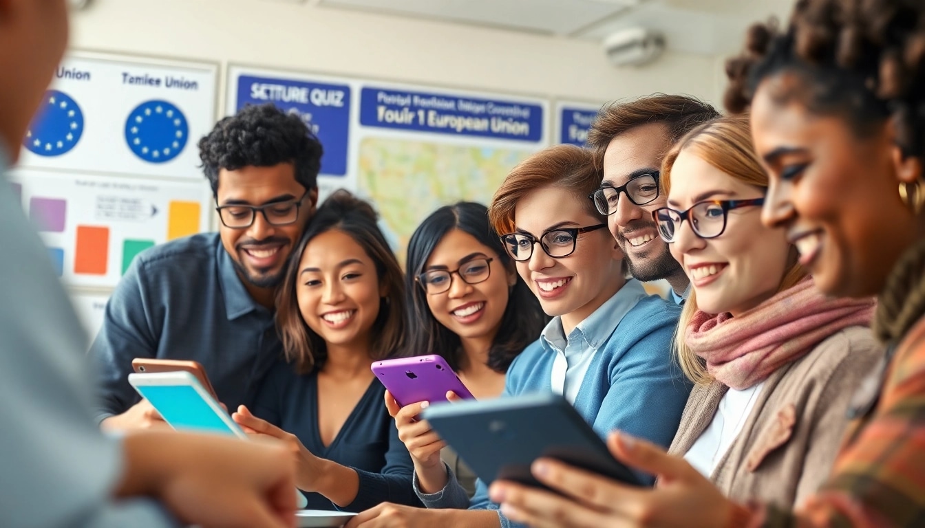 Interaktive Teilnehmer des Quiz zur Europäischen Union mit digitaler Technologie.