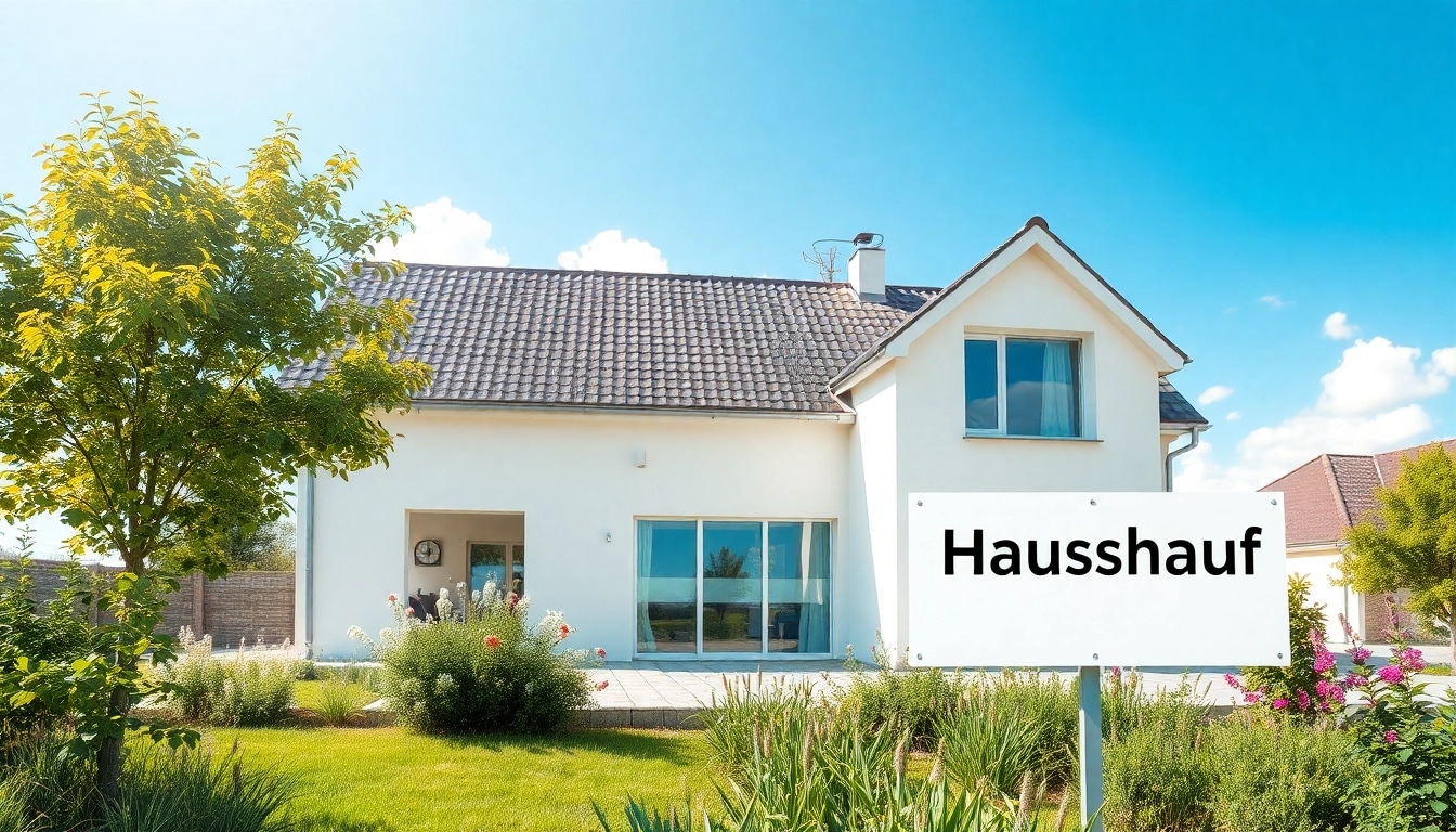 Inspirierendes Bild eines modernen Hauses im Bau, symbolisiert den Hauskauf mit einem "Hauskauf"-Schild im Garten.