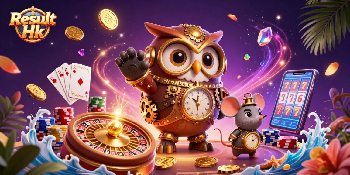 Engage with Result Hk in a vibrant casino scene featuring 3D characters and dynamic gaming elements.