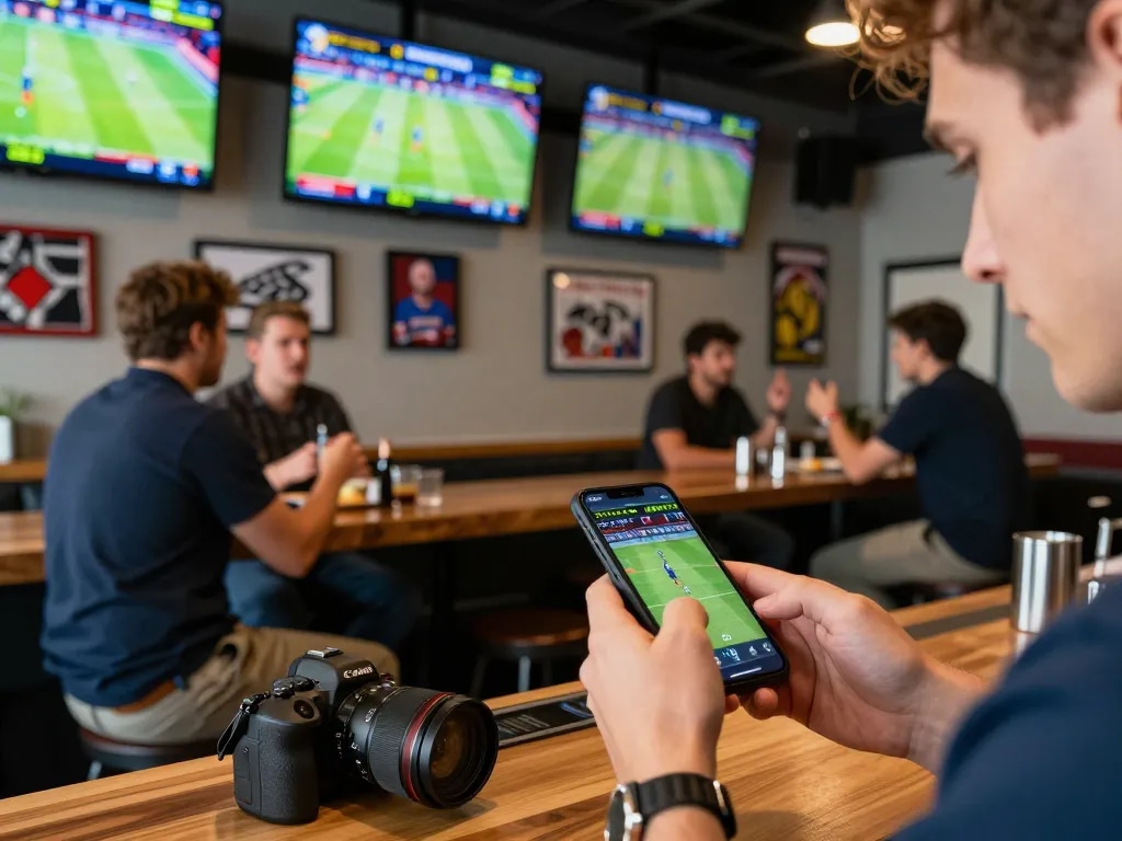 Experience live sports betting at MB66 with patrons engaged in placing bets on their smartphones.