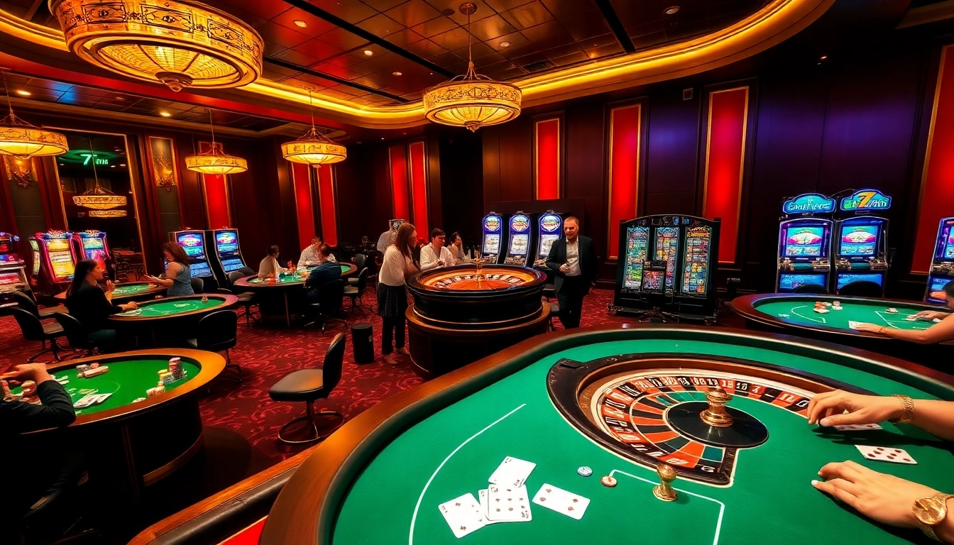Engaged players at the 7m casino tables enjoying thrilling games and vibrant slot machines.