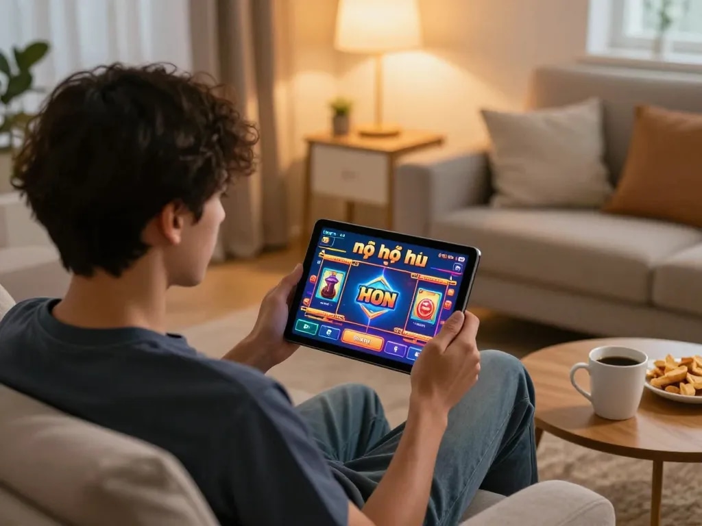Engaging in nổ hũ game on a tablet in a cozy home setting, emphasizing responsible gambling.