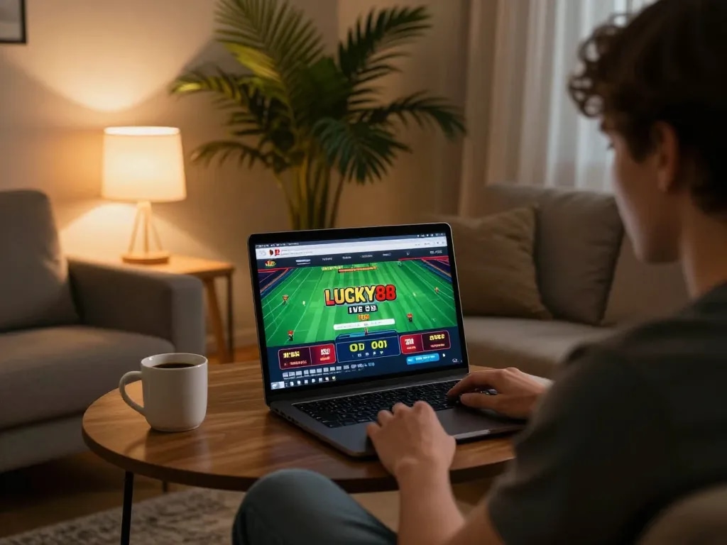 Person immersed in LUCKY88 online betting on a laptop in a cozy living room, highlighting responsible gaming.
