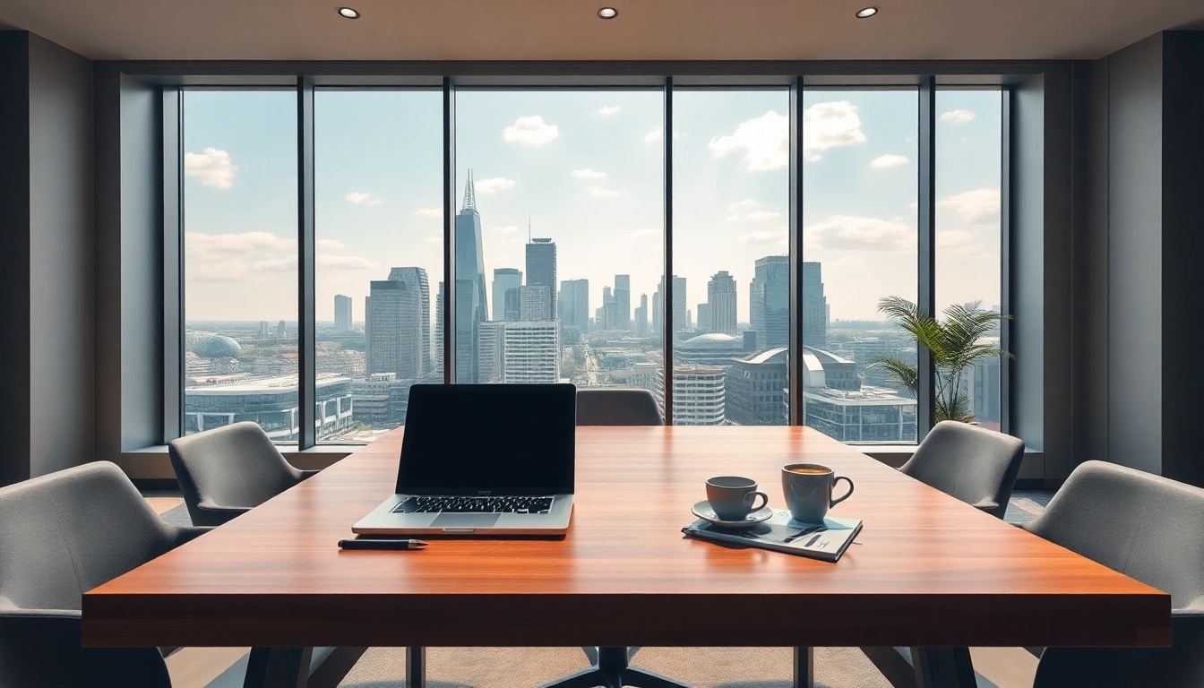 Visuelle Darstellung eines modernen Büros in Frankfurt für Headhunter Frankfurt mit Laptop und Skyline-Hintergrund.