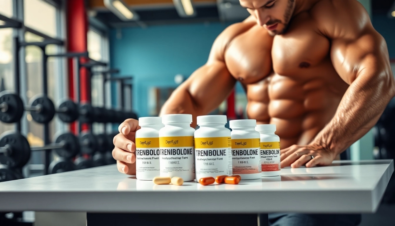 Analyse der trenbolon preis Supplements durch einen Athleten in einem modernen Fitnessstudio.